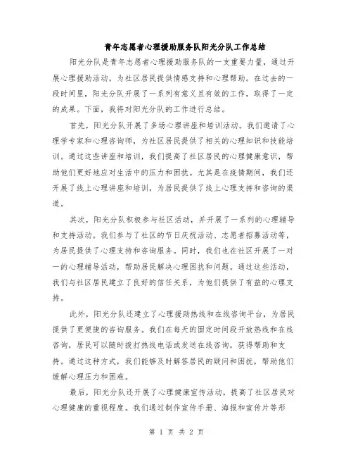 青年志愿者心理援助服务队阳光分队工作总结