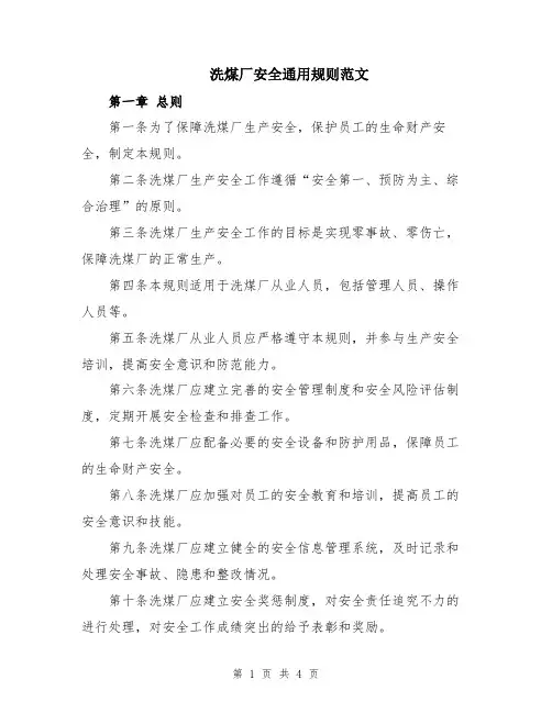 洗煤厂安全通用规则范文
