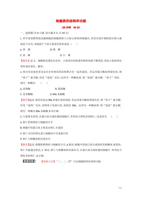 2024_2025学年新教材高中生物课时检测11细胞核的结构和功能含解析新人教版必修1