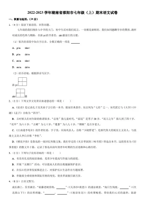 2022-2023学年湖南省邵阳市七年级(上)期末语文试卷(word,解析版)