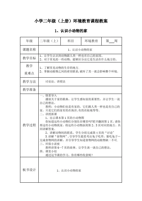 二年级上册-环境教育教案