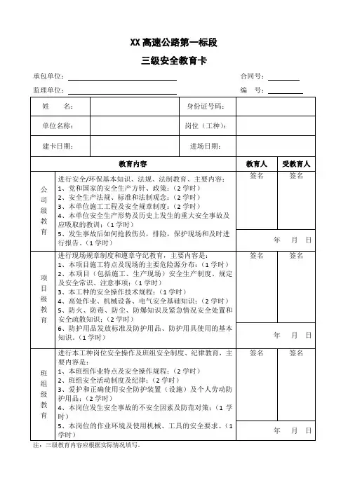 XX公路三级安全教育卡(最新)