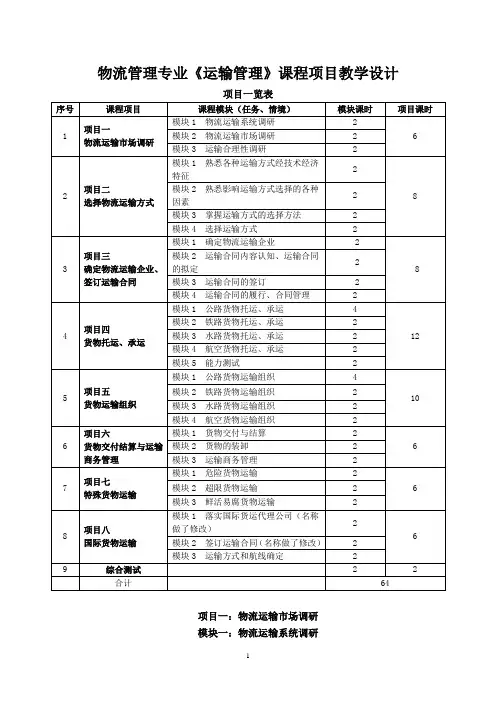 物流管理专业《运输管理》课程项目教学设计