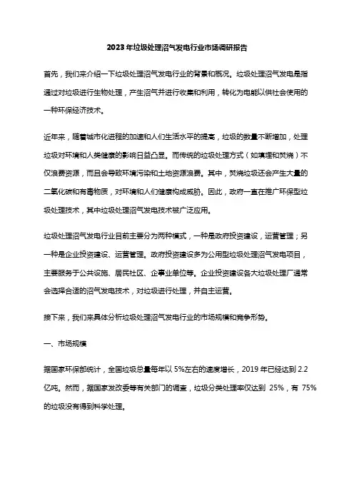2023年垃圾处理沼气发电行业市场调研报告