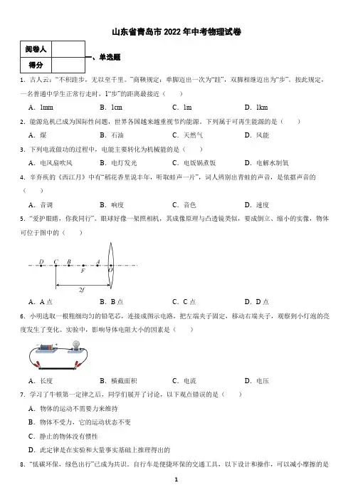 山东省青岛市2022年中考物理试卷(含答案)