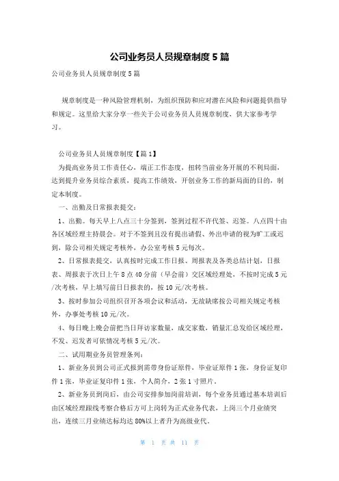 公司业务员人员规章制度5篇