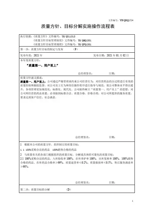 药品批发企业新版GSP质量方针、目标分解
