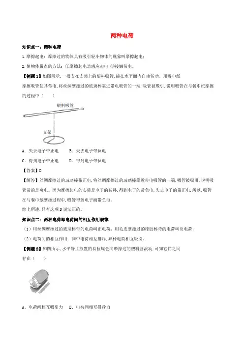 中考物理专题练习两种电荷含解析新人教版