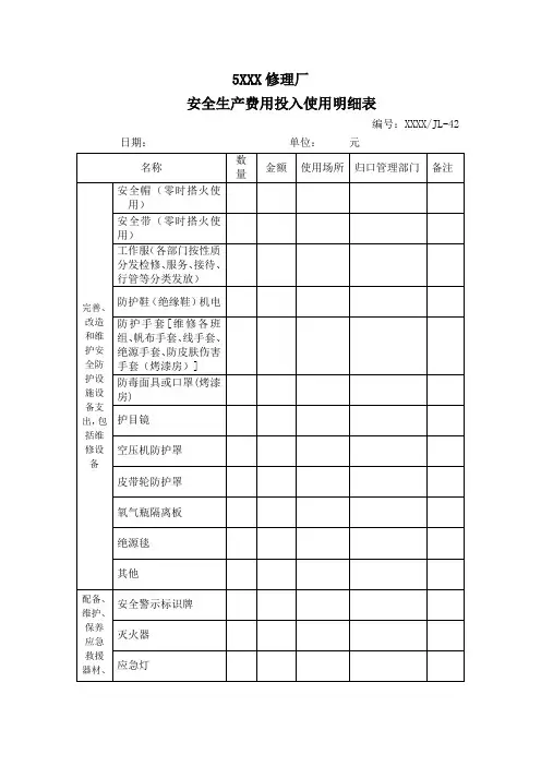 安全生产费用投入使用明细表
