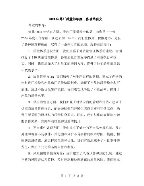 2024年药厂质量部年度工作总结范文