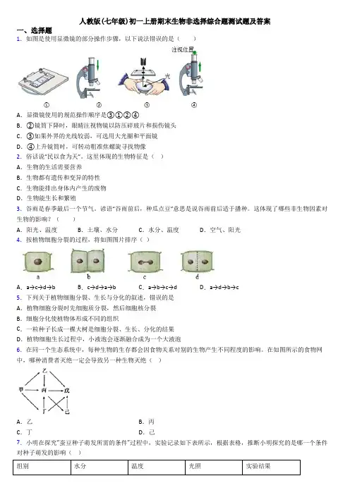 人教版(七年级)初一上册期末生物非选择综合题测试题及答案