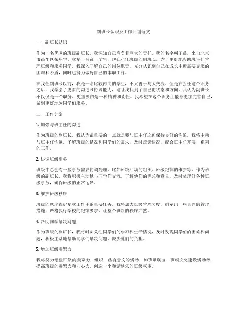 副班长认识及工作计划范文