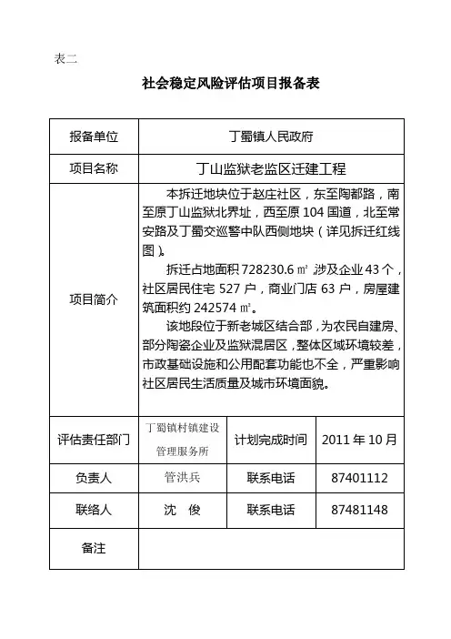 社会稳定风险评估项目报备表 表二