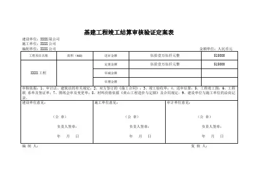 基建工程竣工结算审核验证定案表