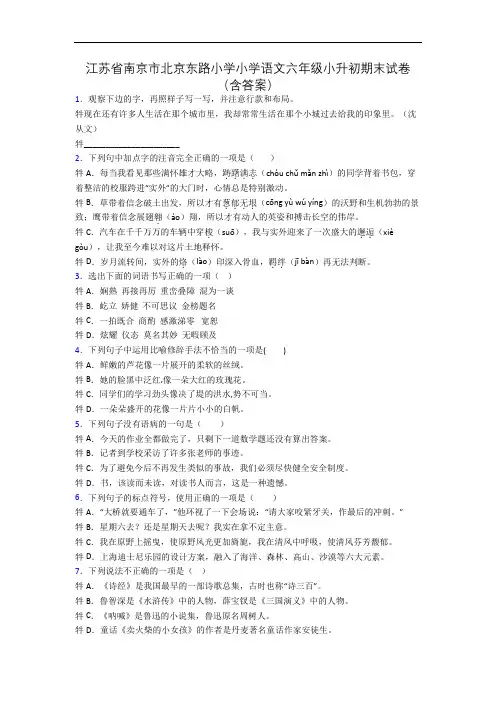 江苏省南京市北京东路小学小学语文六年级小升初期末试卷(含答案)