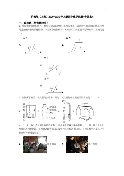 沪教版(上海)2020-2021年初三化学上册期中化学试题(含答案)