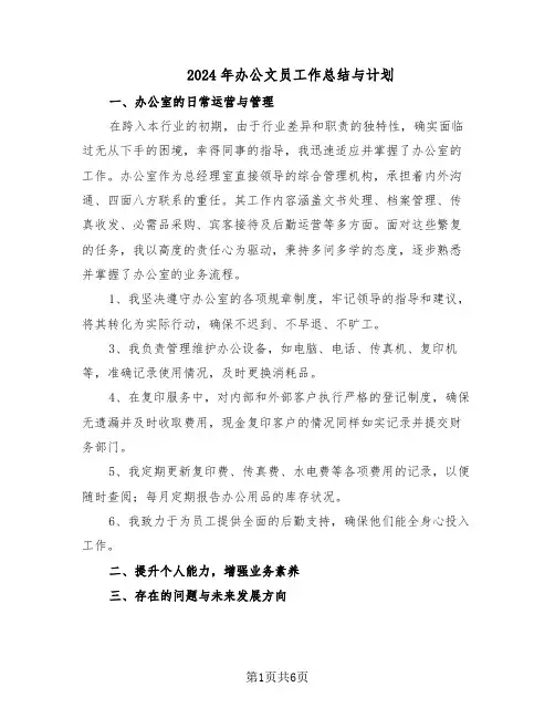 2024年办公文员工作总结与计划(3篇)