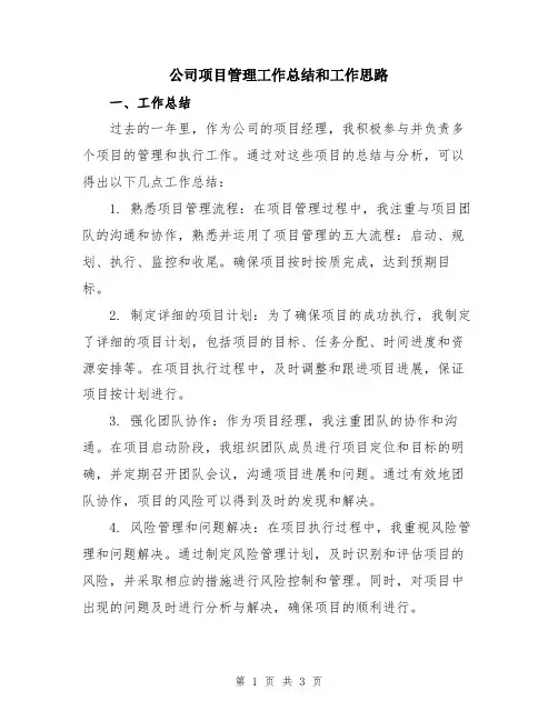 公司项目管理工作总结和工作思路