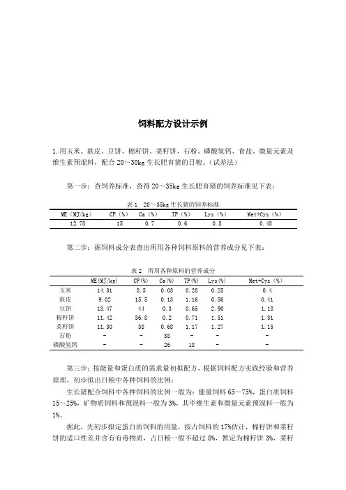 饲料1配方设计示例