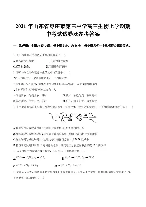 2021年山东省枣庄市第三中学高三生物上学期期中考试试卷及参考答案