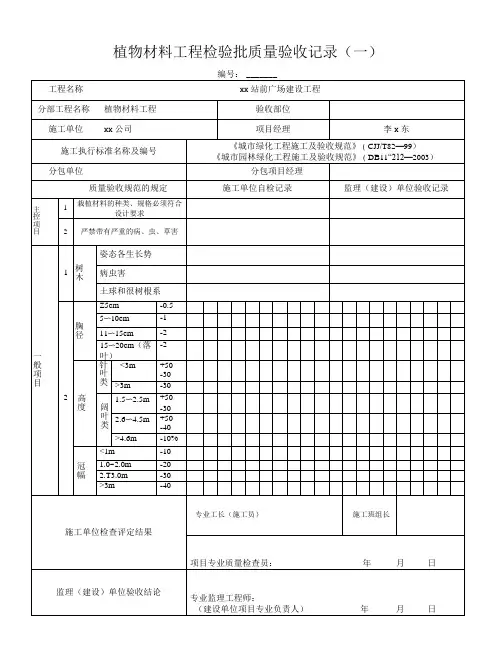植物材料工程检验批质量验收记录