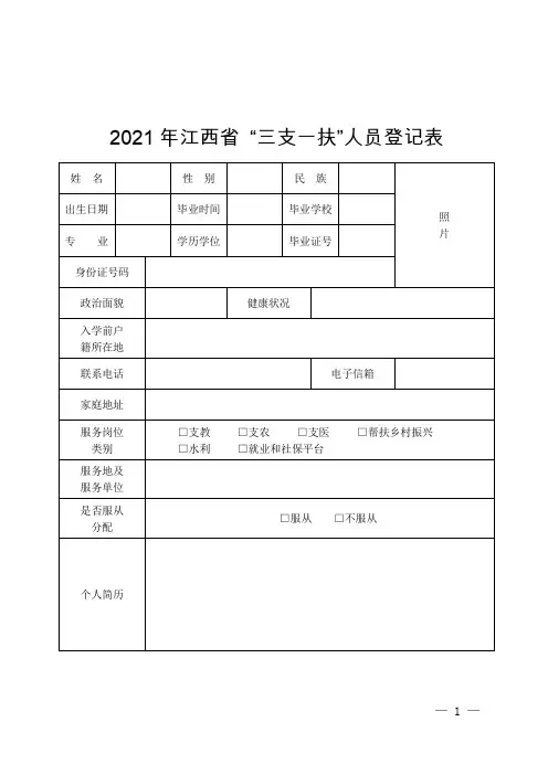 2021年江西省 “三支一扶”人员登记表