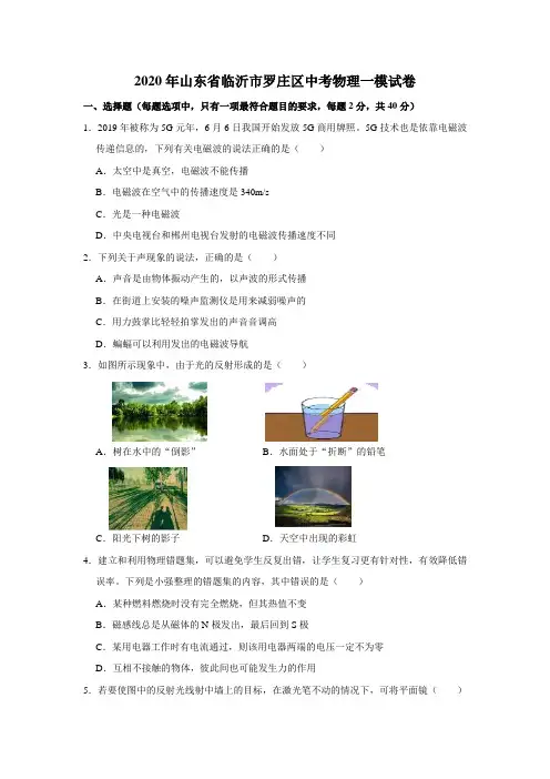 山东省临沂市罗庄区2020届九年级下学期期中学业水平质量调研(一模)物理试题 [解析版]