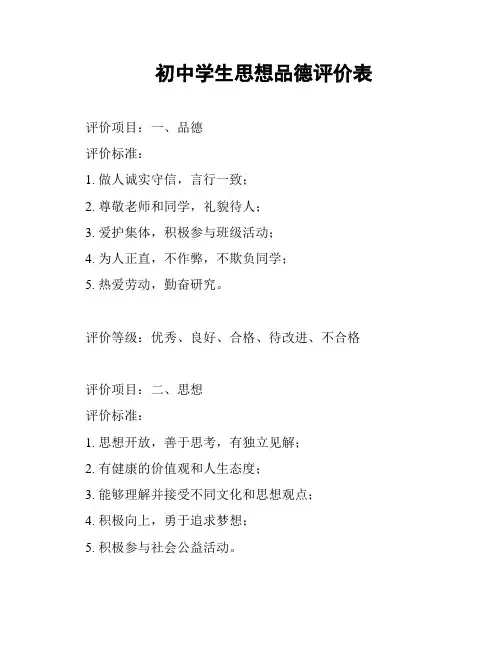 初中学生思想品德评价表