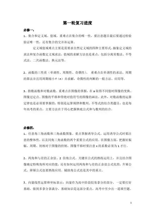 高三高考数学复习进度知识点检查表