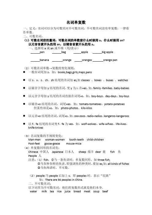 六年级英语语法知识点名词单复数