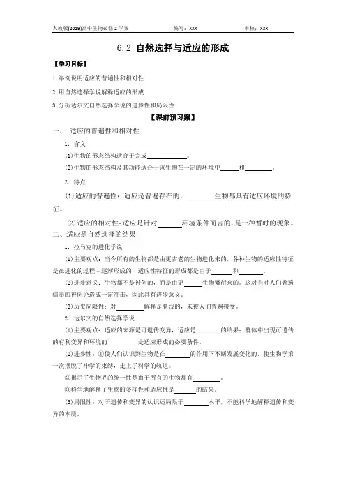 人教版(2020)高中生物必修二学案 6.2 自然选择与适应的形成(含答案)