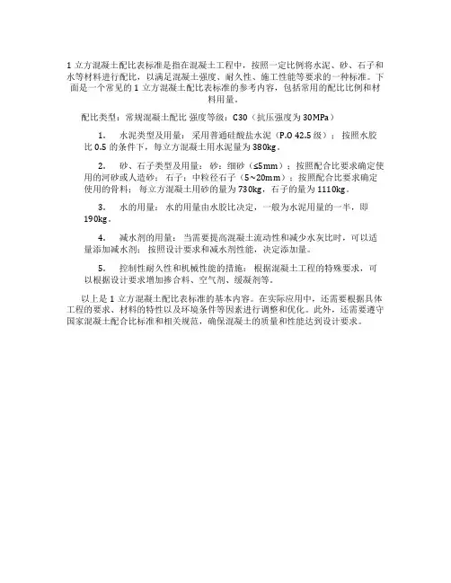 1立方混凝土配比表标准