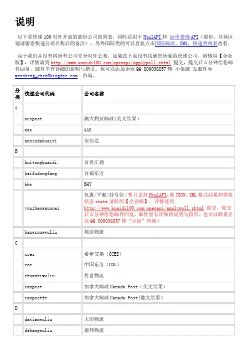 APIURL所支持的快递公司及参数说明-快递100