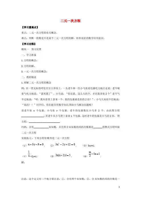 七年级数学下册   第六章  二元一次方程组  全章学案 (新版)冀教版
