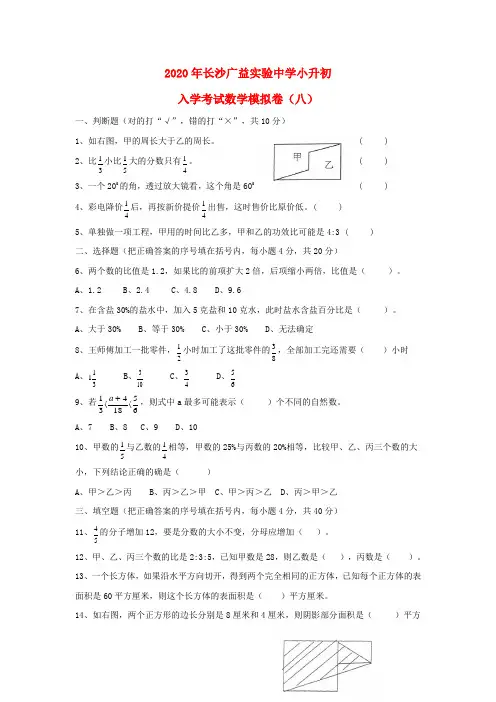 湖南省长沙广益实验中学2020年小升初数学入学考试模拟卷(八)(无答案)