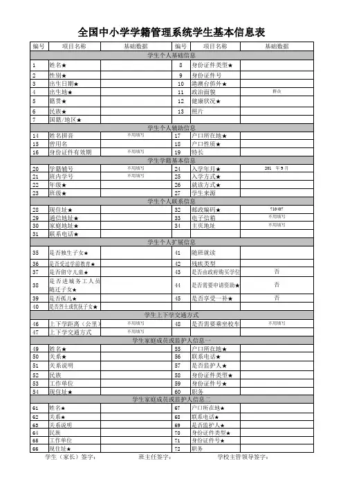 72项新生信息表(空表)