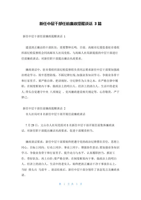 新任中层干部任前廉政提醒谈话 3篇