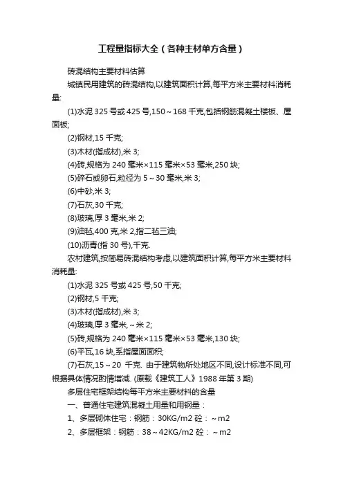 工程量指标大全（各种主材单方含量）