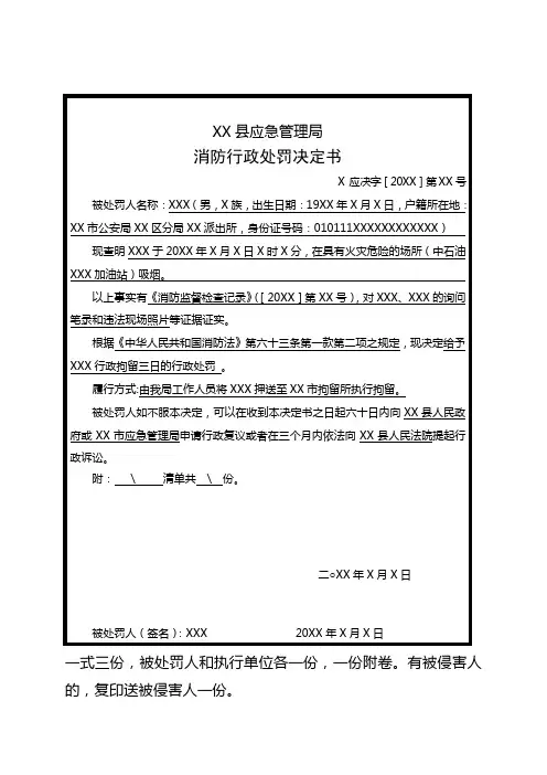 消防救援大队出具行政拘留的消防行政处罚决定书范例