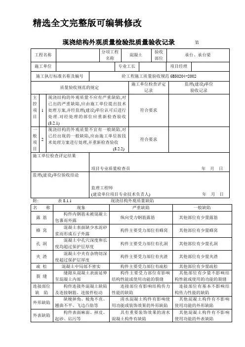 现浇结构外观质量检验批质量验收记录精选全文