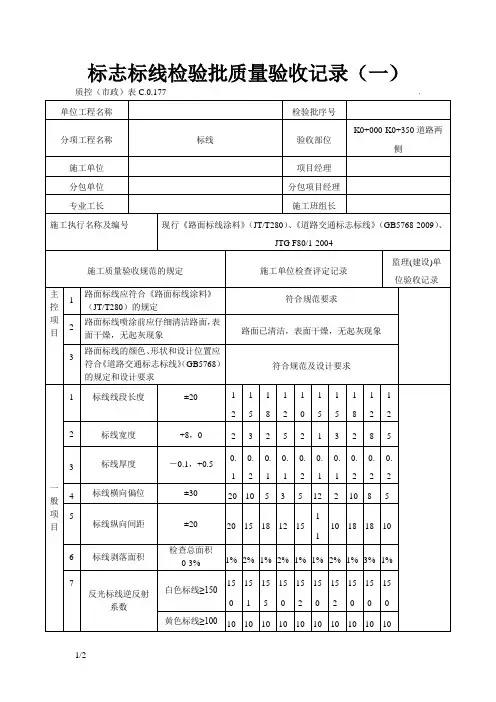 道路标线标识检验批质量验收记录