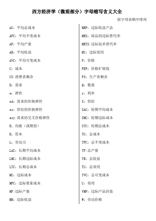 西方经济学(微观部分)字母缩写含义大全