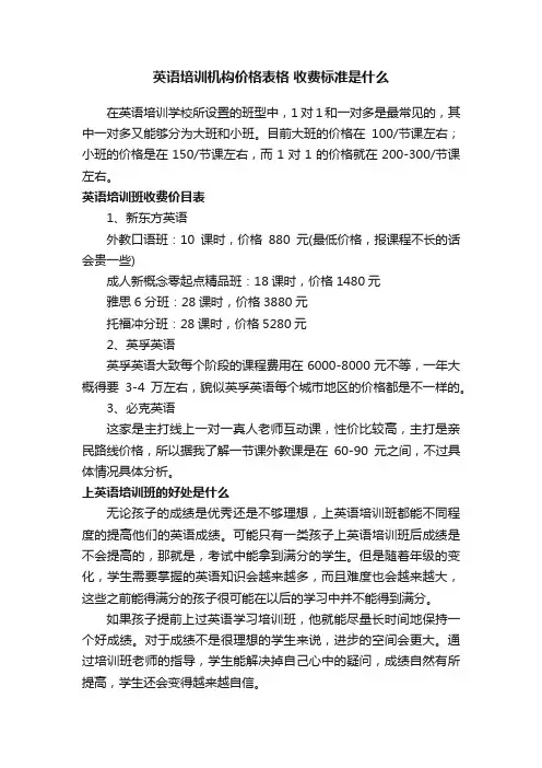 英语培训机构价格表格收费标准是什么