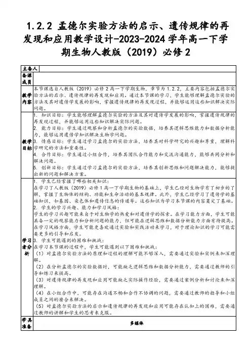 1.2.2+孟德尔实验方法的启示、遗传规律的再发现和应用教学设计高一下生物人教版2019必修2