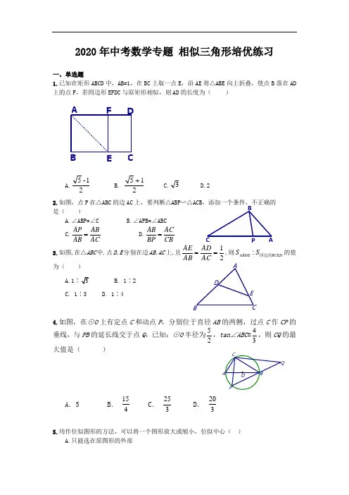 2020年中考数学专题培优：相似三角形培优练习(含答案)