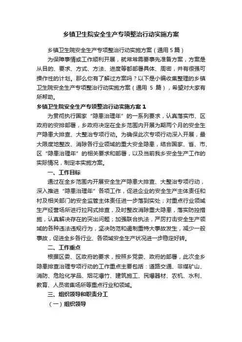 乡镇卫生院安全生产专项整治行动实施方案