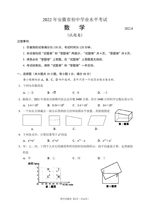 2022年安徽省中考数学试题卷(含答案解析)