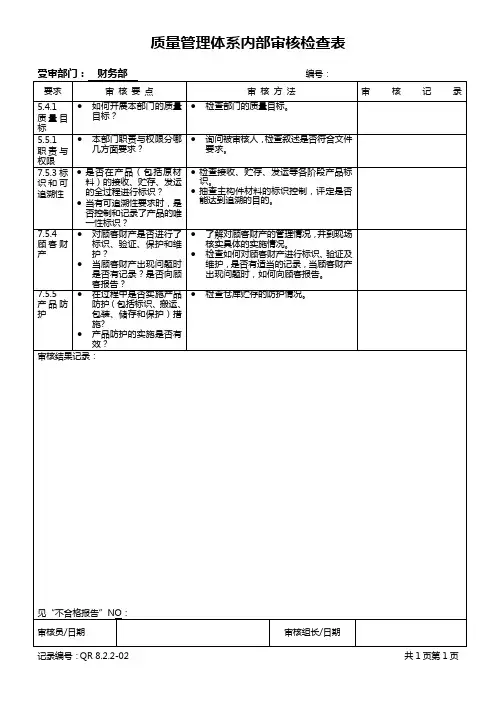 2质量管理体系内部审核检查表(财务部)