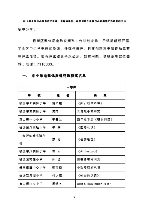 2012年罗庄区中小学电教优质课、多媒体课件、科技创新及电脑作品竞赛等评选结果的公示