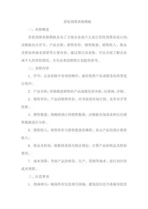 营收预算表格模板